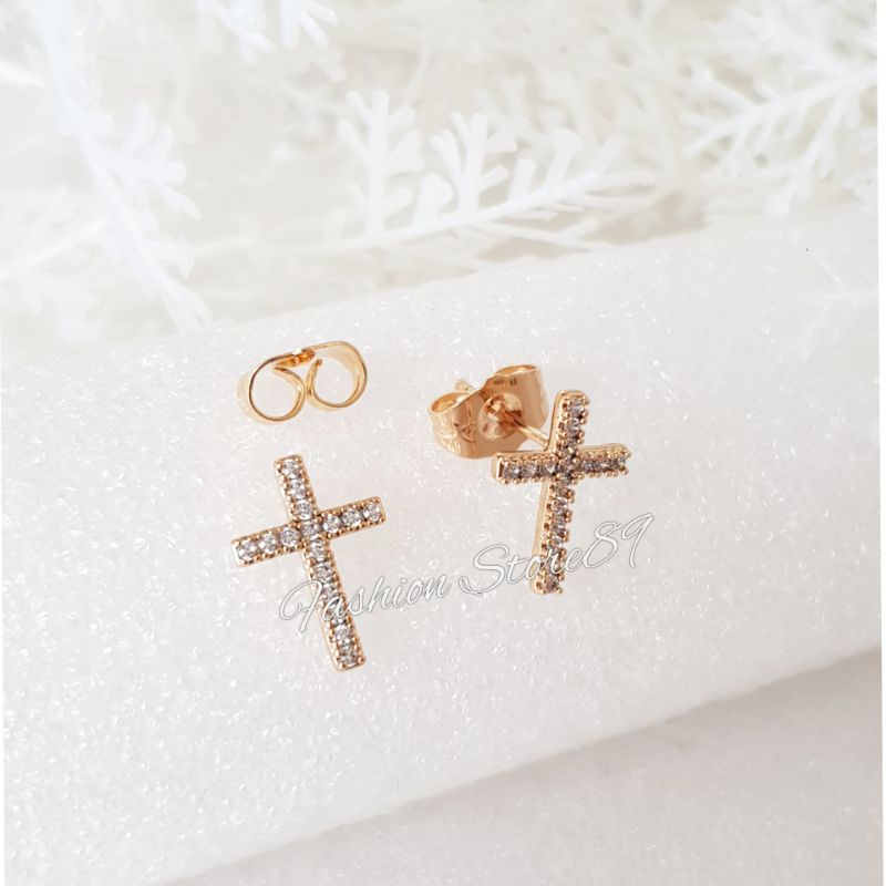 Anting Tusuk Salib Full permata Simpel Elegant impor Perhiasan lapis emas xuping Anting tusuk Salib