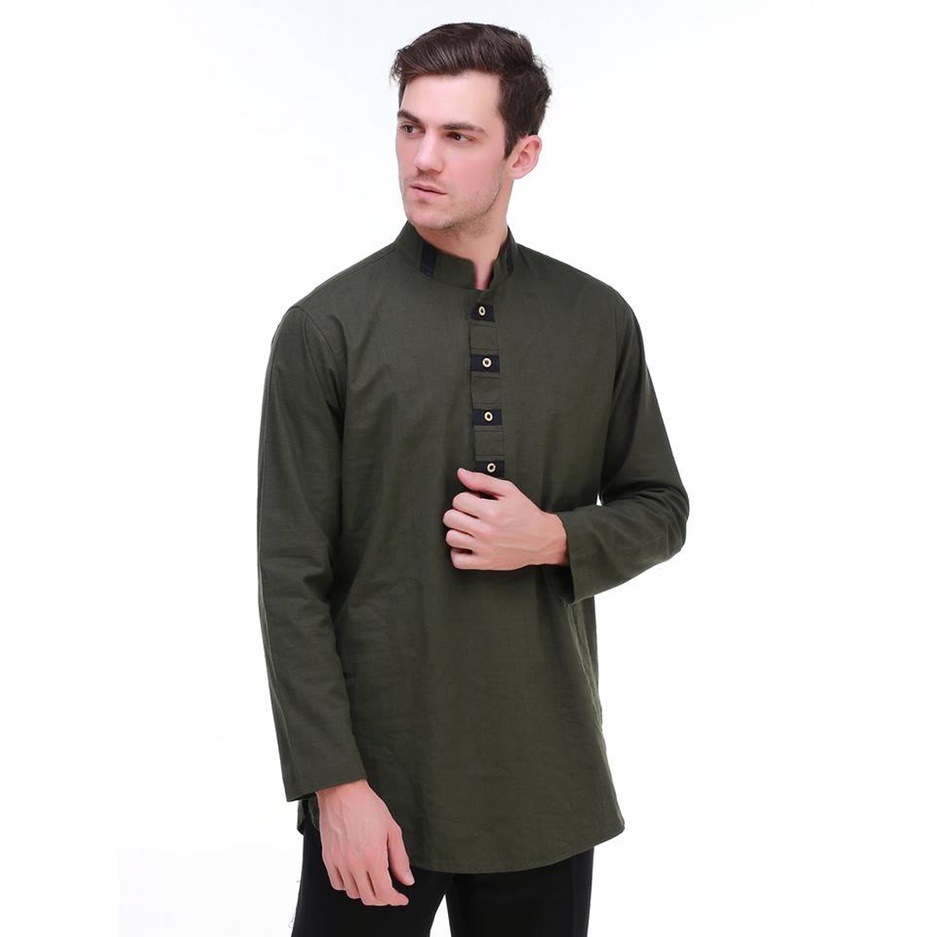 Baju Koko Fatih Dewasa Lengan Panjang Terbaru Hijau Army
