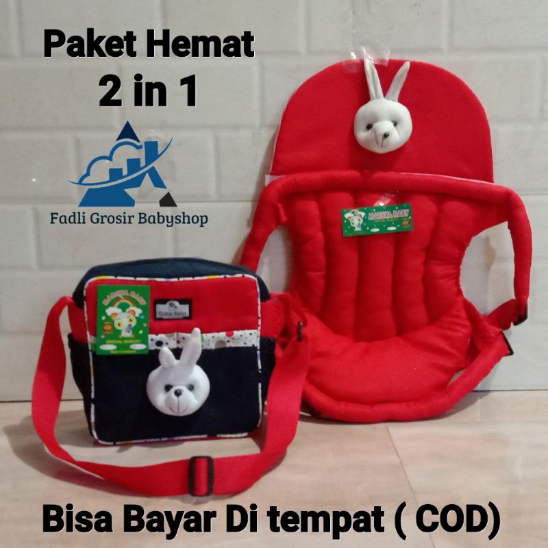 Paket Hemat ( 2 in 1 ) Tas Bayi Strip Boneka Dan Gendongan Bayi Depan Topi Boneka