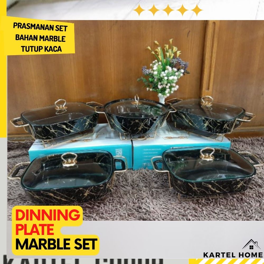 HOME Wadah Saji Makanan Keramik Serving Plate Marble Set Isi 5 Bonus Tatakan Gold Rack Penghangat