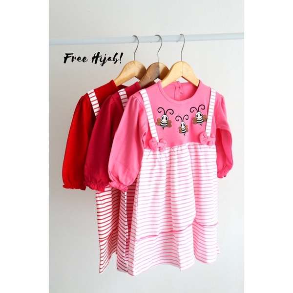 FREE HIJAB 100% cotton LITTLE BEE Setelan Gamis Baju Muslim Hijab Lucu Fashion Anak Bayi Perempuan Cewek Terlaris Terbaru