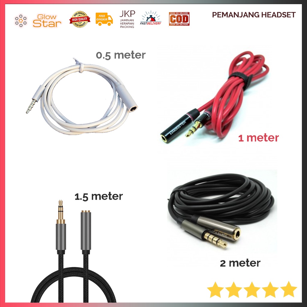 Pemanjang headset. Kabel tambahan headset. Kabel AUX HiFi Audio Cable 3.5mm Male to Female Red