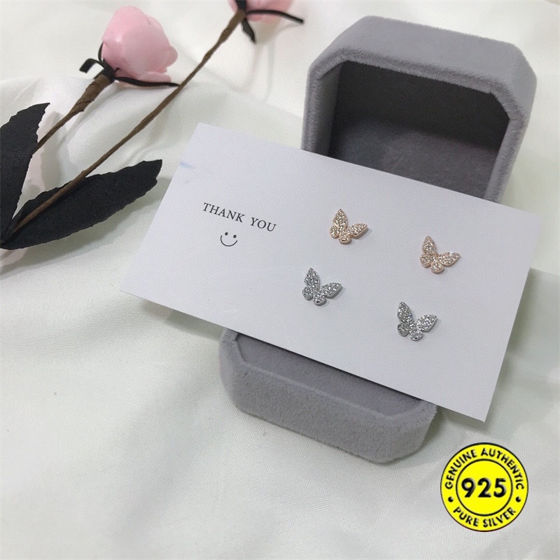 Anting Tusuk Sterling Silver 925 Desain Kupu-Kupu Hias Berlian Imitasi Untuk Wanita