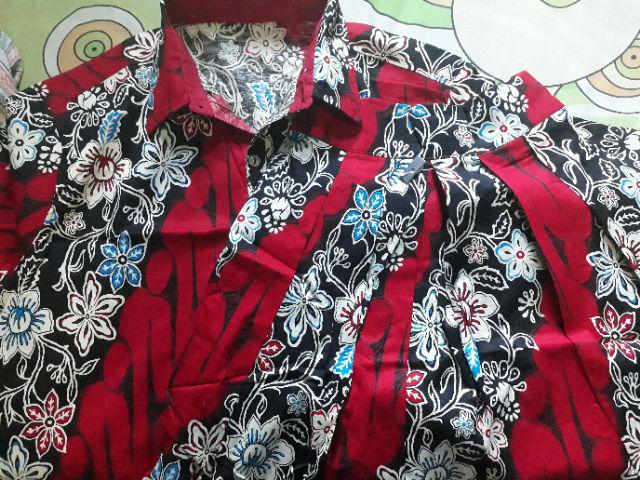 Kemeja 113 Tu# Kemeja Batik Dewasa Warna Merah Edisi Imlek Bahan Katun Stretchy