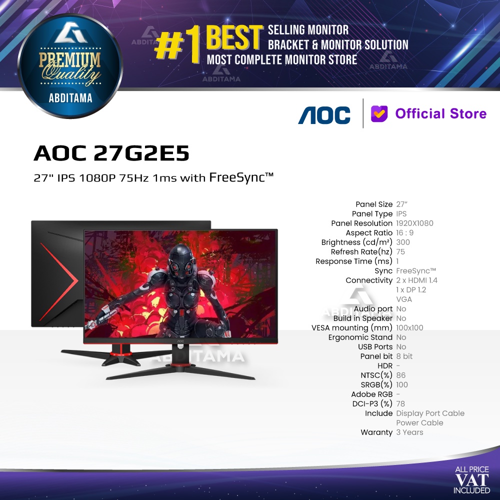Monitor LED Gaming AOC 27G2E5 27'' 1920 x 1080 75Hz HDMI VGA