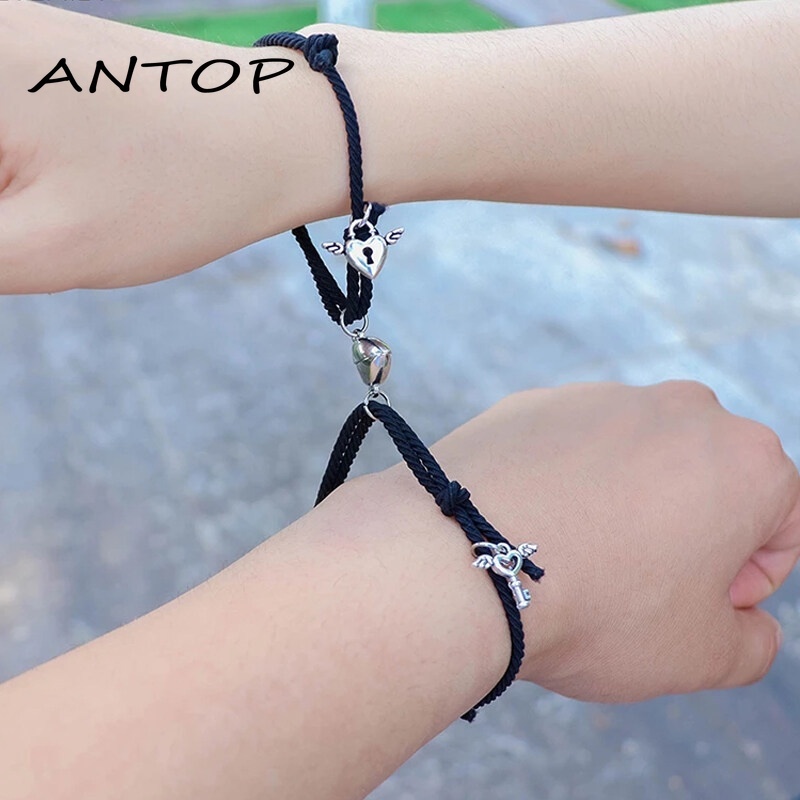 2Pcs Gelang Couple Magnet Pasangan Bracelet Cinta Kunci Gelang Kapel Persahabatan Hitam Wanita Dan Pria Aksesoris