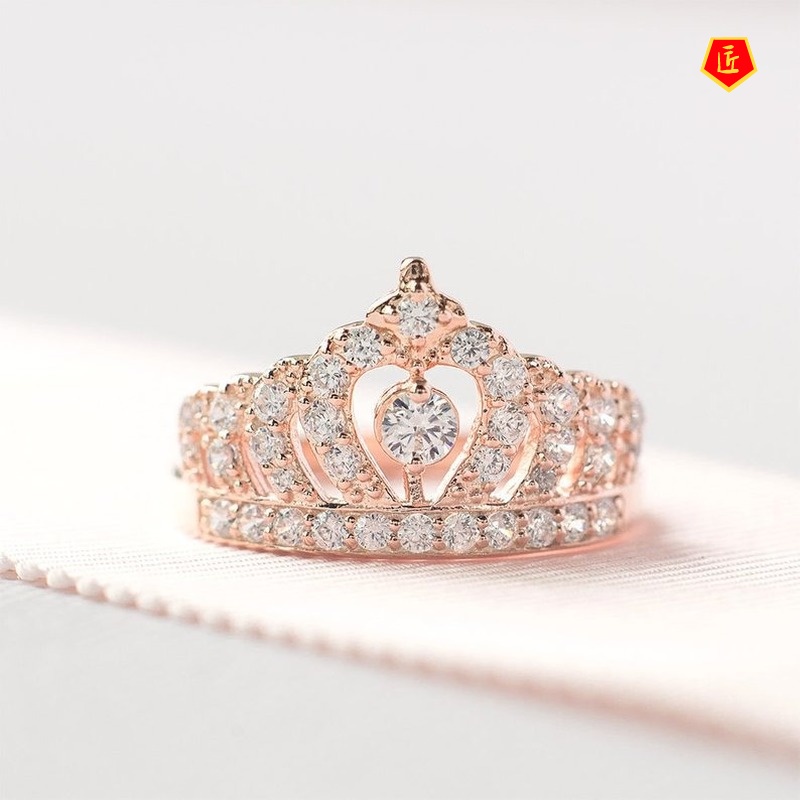 [Ready Stock]Graceful and Fashionable 18K Rose Gold Full Diamond Crown Ring