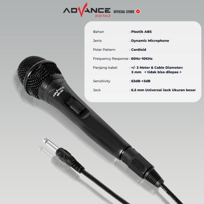 Advance MIC-885 Single Profesional Dynamic Microphone Speaker Kabel