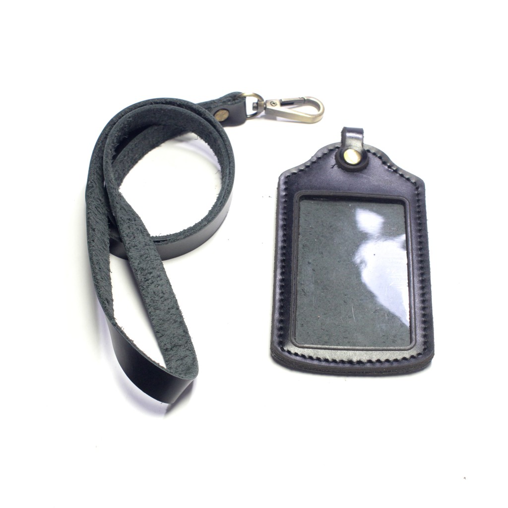 gantungan dompet ID card kulit hitam - tali id card holder - PHID894