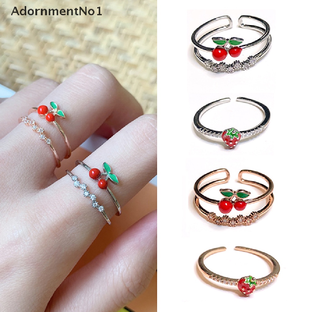 (AdornmentNo1) Cincin Terbuka Gaya Jepang / Korea Motif Strawberry / Cherry Untuk Perhiasan Wanita