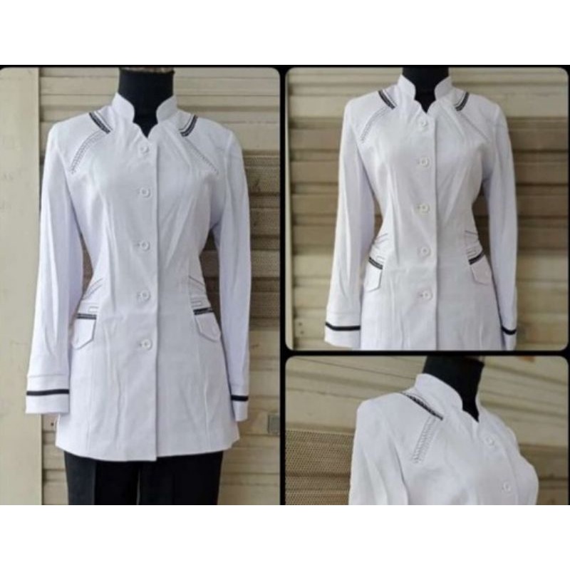 Blazer PDH PNS wanita putih strip hitam/ baju PNS putih wanita