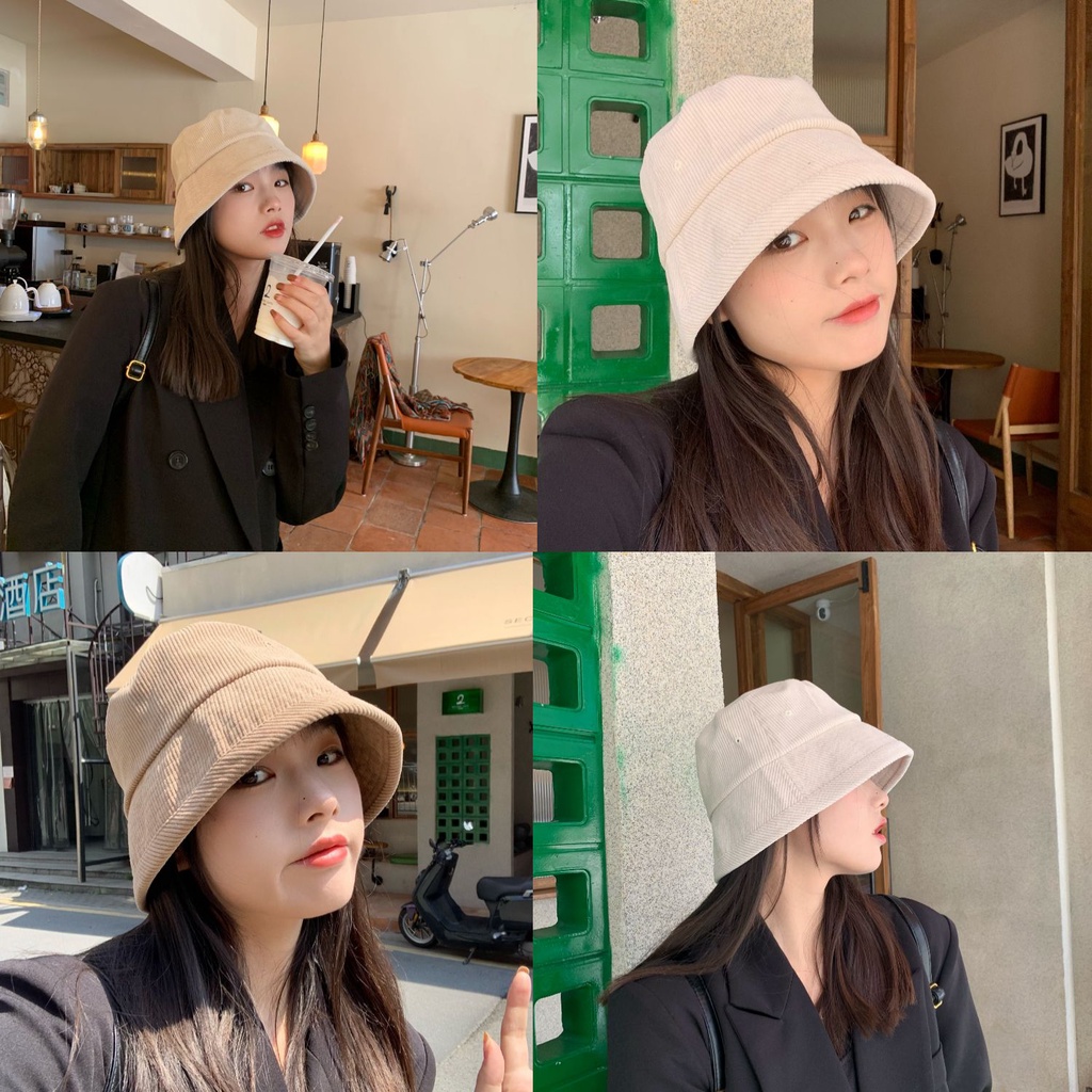 Topi Nelayan Bahan corduroy Warna Murni Gaya Korea Untuk Wanita