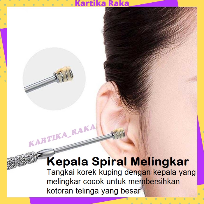 KR Korek Kuping Spiral Stainless Set Pembersih Telinga Melingkar Satu Set 7 Pcs Besi Stainless Steel Ear Wax Removal