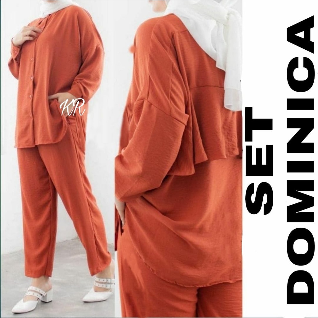 SET DOMINICA FASHION PAKAIAN WANITA SETELAN BAHAN MOSCREPE KR ADA VIDEO REAL PICT