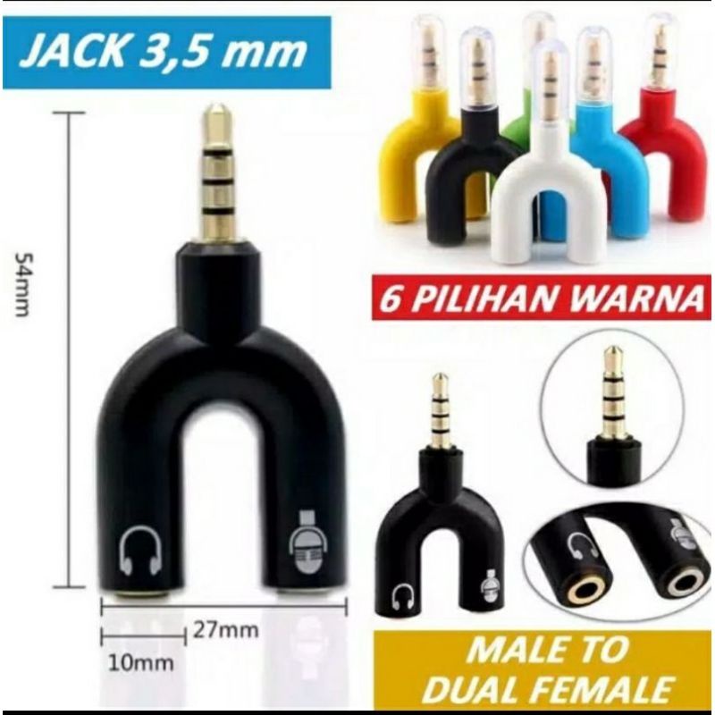 Spliter Audio Shape U 3.5mm ke Headphone &amp; Mic Jack AudioMale Ke Dual Female 2 in 1