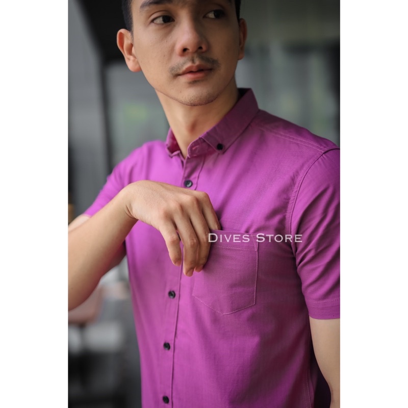 Kemeja pria polos slimfit kasual basic HeM lengan pendek ungu