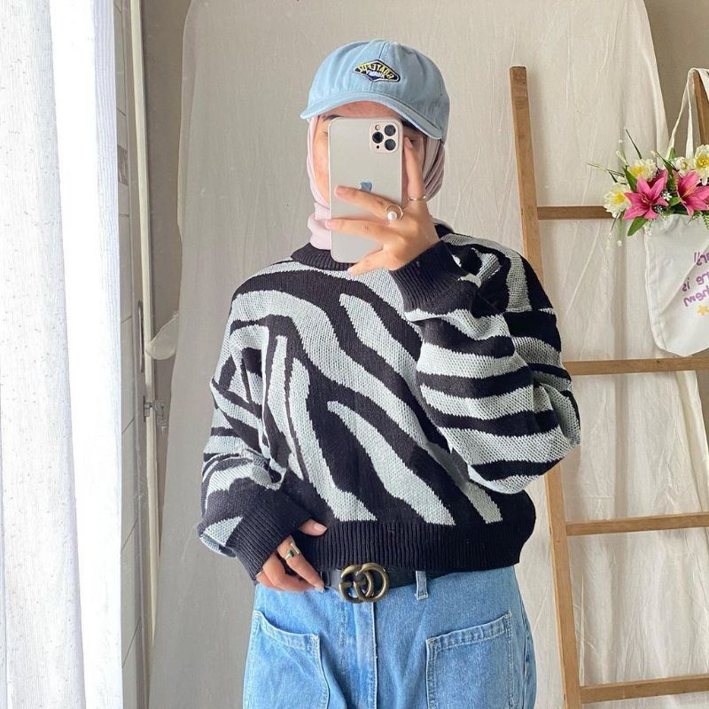 SWEATER RAJUT CROP BAJU ATASAN WANITA MOTIP ZEBRA BAHAN HALUS TEBAL (PREMIUM) ALL SIZE M FIT TO XL