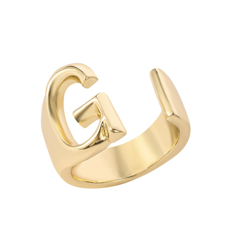 A-T Hollow A Z Letter Gold Color Metal Adjustable Opening Ring Initials Name Alphabet Party Jewelry