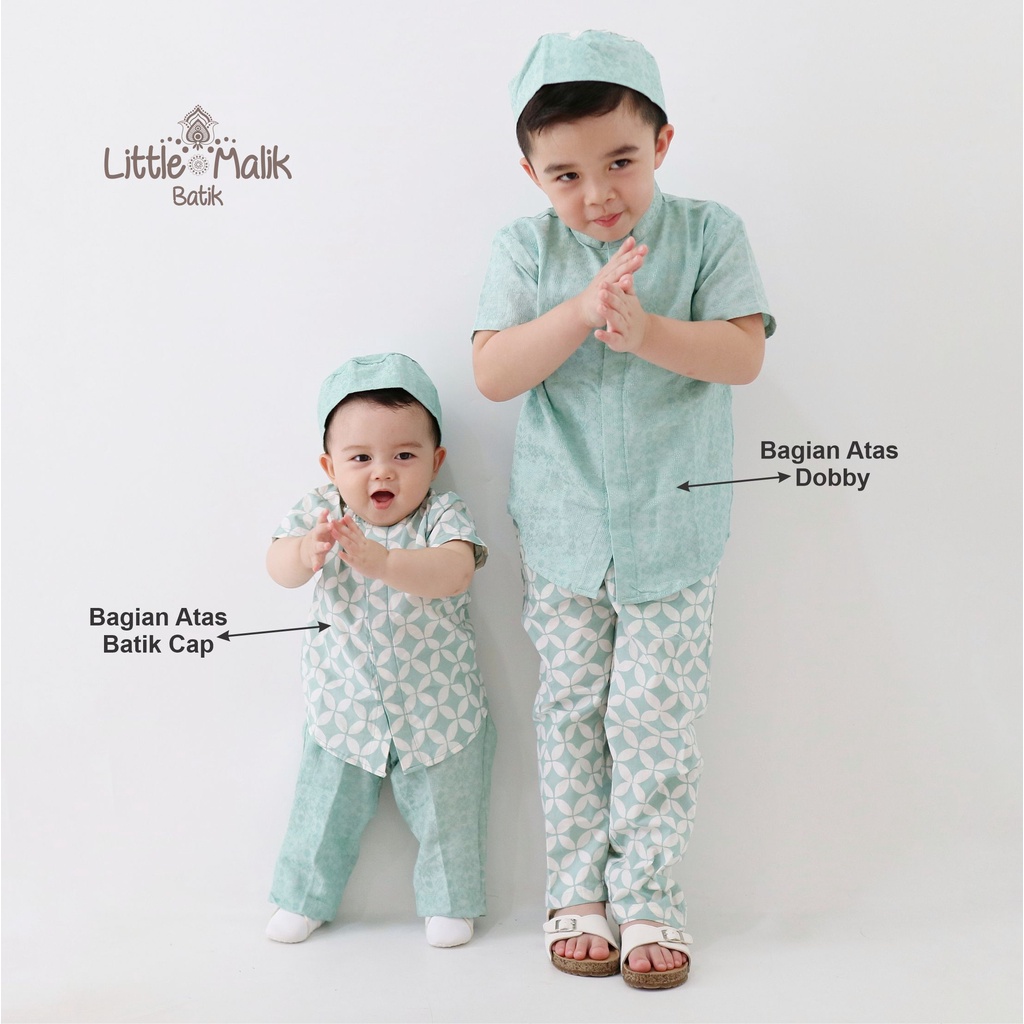 Setelan Kemeja Lengan Pendek Batik Koko Anak By Little Malik Batik, Garutan Dobby Warna Toska