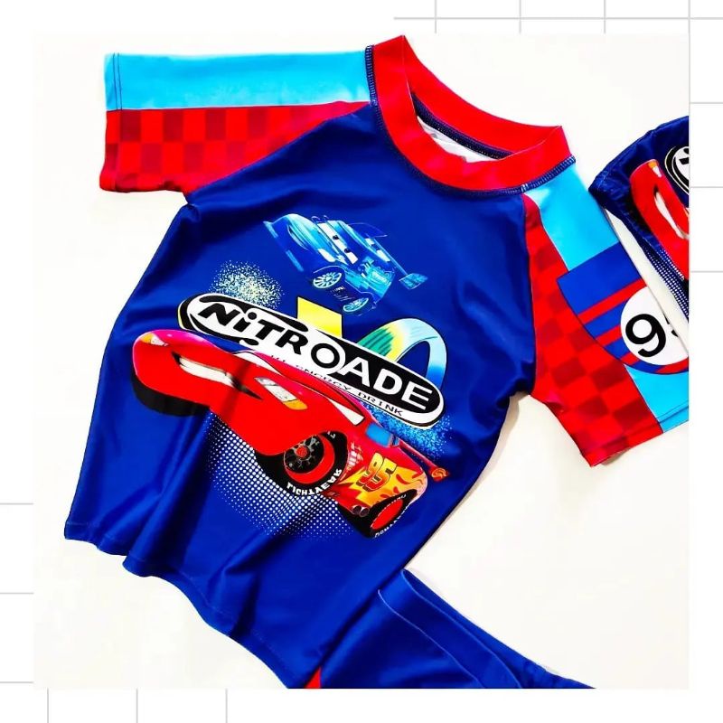 Setelan Baju Renang Anak Laki Laki  TK SD Import Premium McQueen Bahan Rashguard Melindungi Sinar UV 3Pcs Atasan Celana Topi