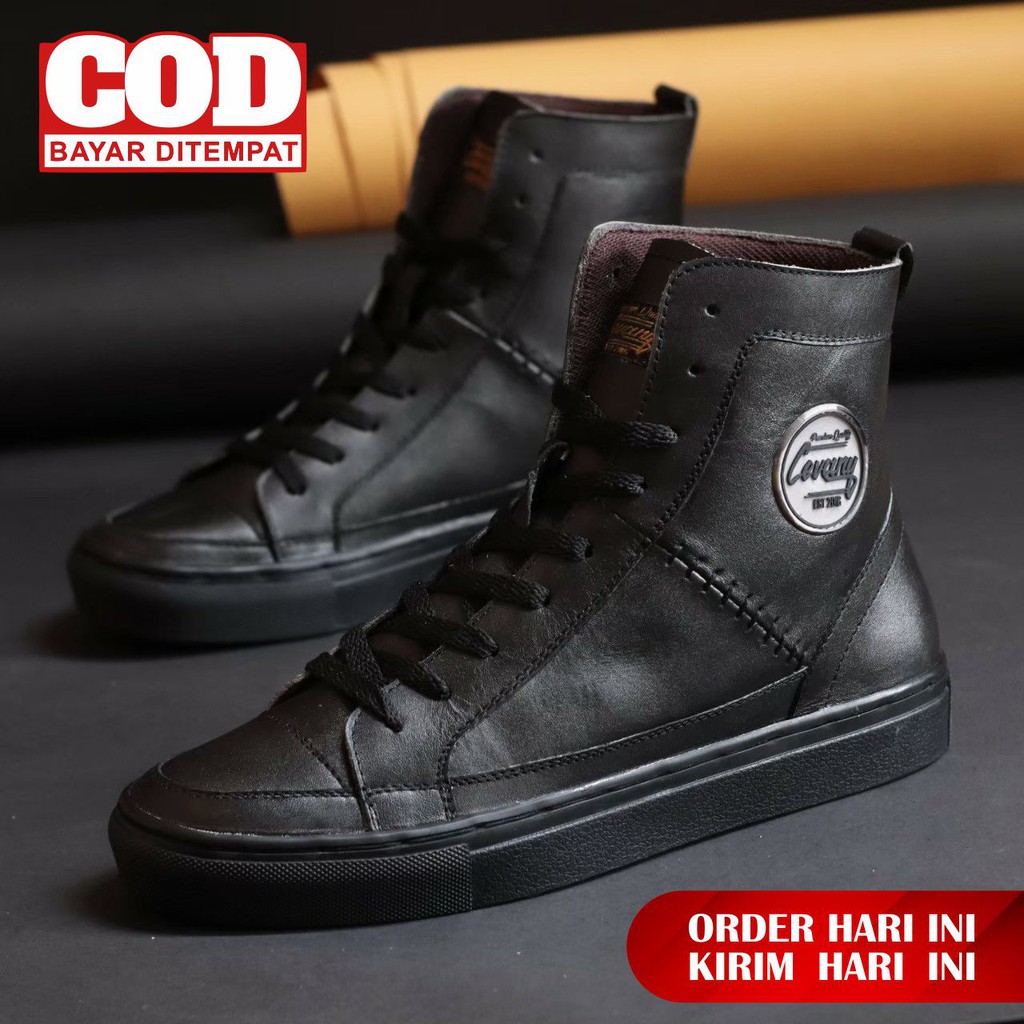 Sepatu Kulit Asli Sepatu Sneakers High Pria Premium High Quality