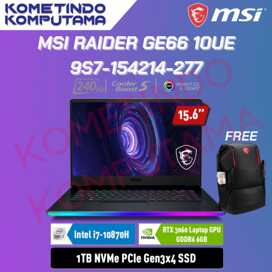 LAPTOP GAMING MSI GE66 RAIDER 10UE [9S7-154214-277] Ci7-10870H / 16GB / 1TB / RTX3060 6GB / NOTEBOOK GAMING / GARANSI RESMI / 100% ORIGINAL