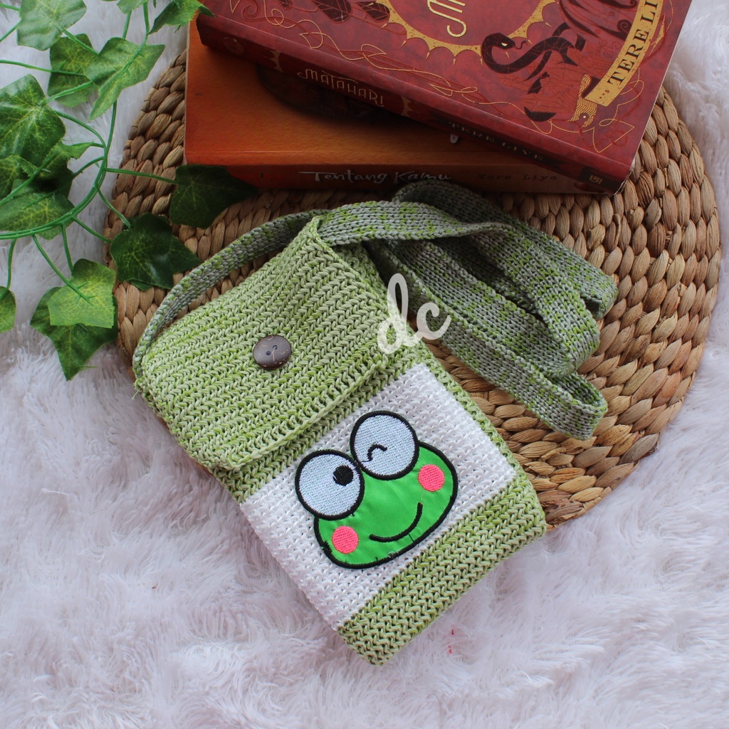 Tas hp rajut keroppy // slingphone karakter keropi rajut murah / tas selempang wanita