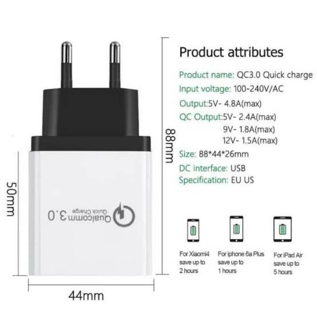 [COD] KEPALA CARGER ADAPTOR QUALCOMM UNIVERSAL 18W USB QUICK CHARGE 3.0 5V 3A FAST CHARGING QC3UB