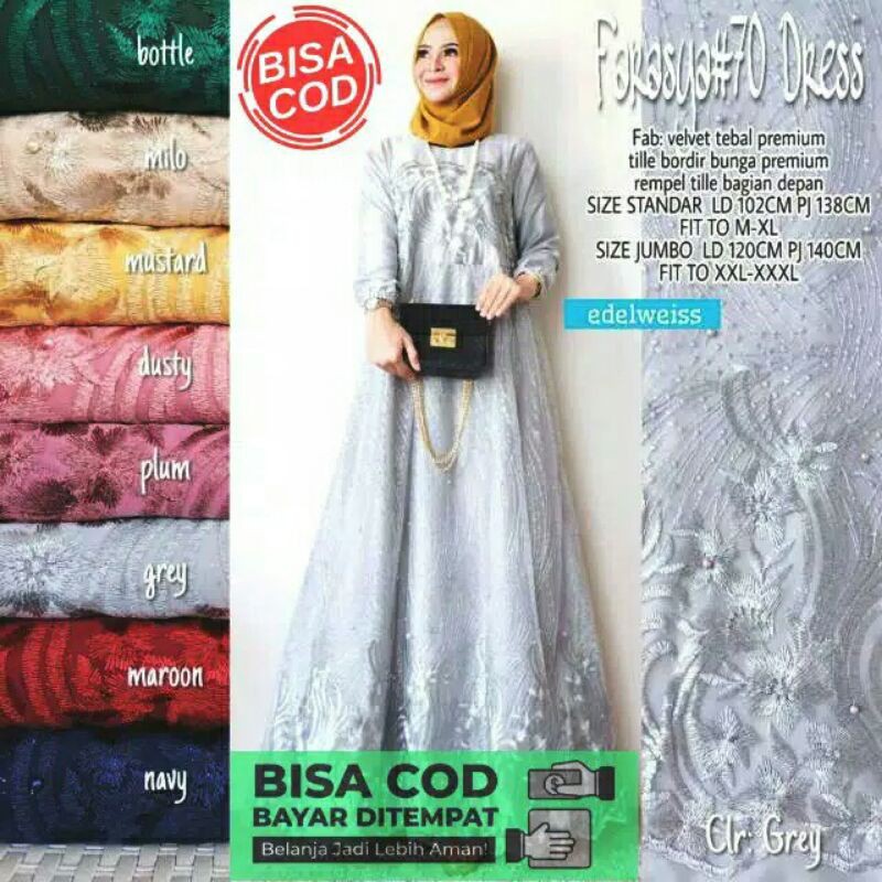 PROMO [BISA COD] Gamis BRUKAT TILE MUTIARA Farasya Dress Warna Abu Grey Size JUMBO Best Seller ORI