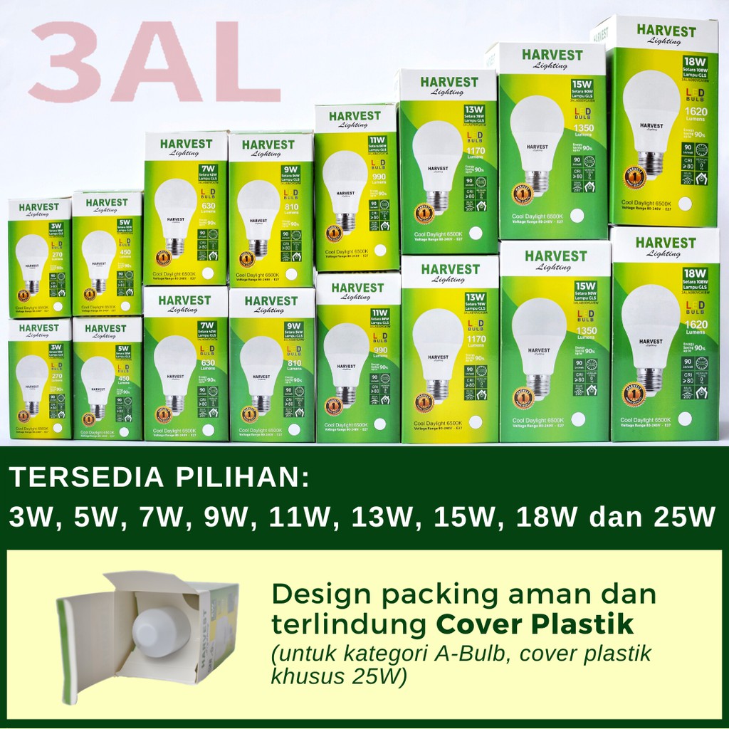 11W - Paket Isi 3 - HARVEST LIGHTING Lampu Bohlam LED A Bulb  11 Watt Lampu Hemat Energi Original Bersertifikasi SNI dan Bergaransi