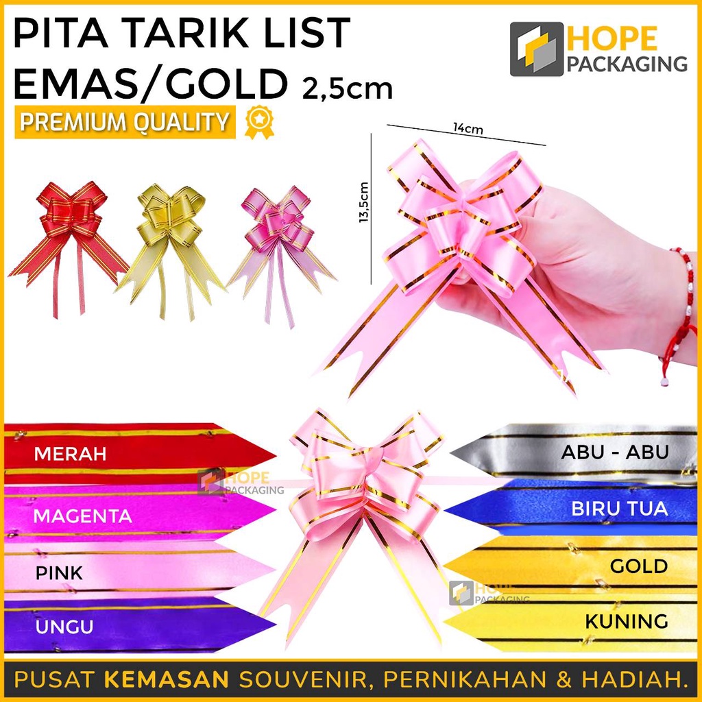 

[Harga / 10 pcs] Pita Tarik List Emas/Gold 2.5 cm x 41.5 cm / Pita Souvenir Kotak Kado / Pita Gift Hadiah Hampers / Pita Kado / Pita Kotak Kado