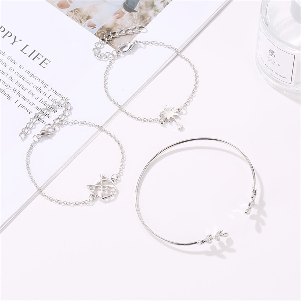 3pcsset Gelang Rantai Dengan Charm Kucingdaun Kelapa Hollow Out Gaya Etnik Untuk Wanita