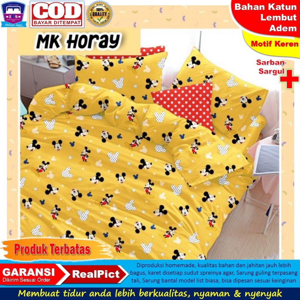 SPREI MOTIF MICKEY HORAY KUNING SEPRAI ANAK MURAH