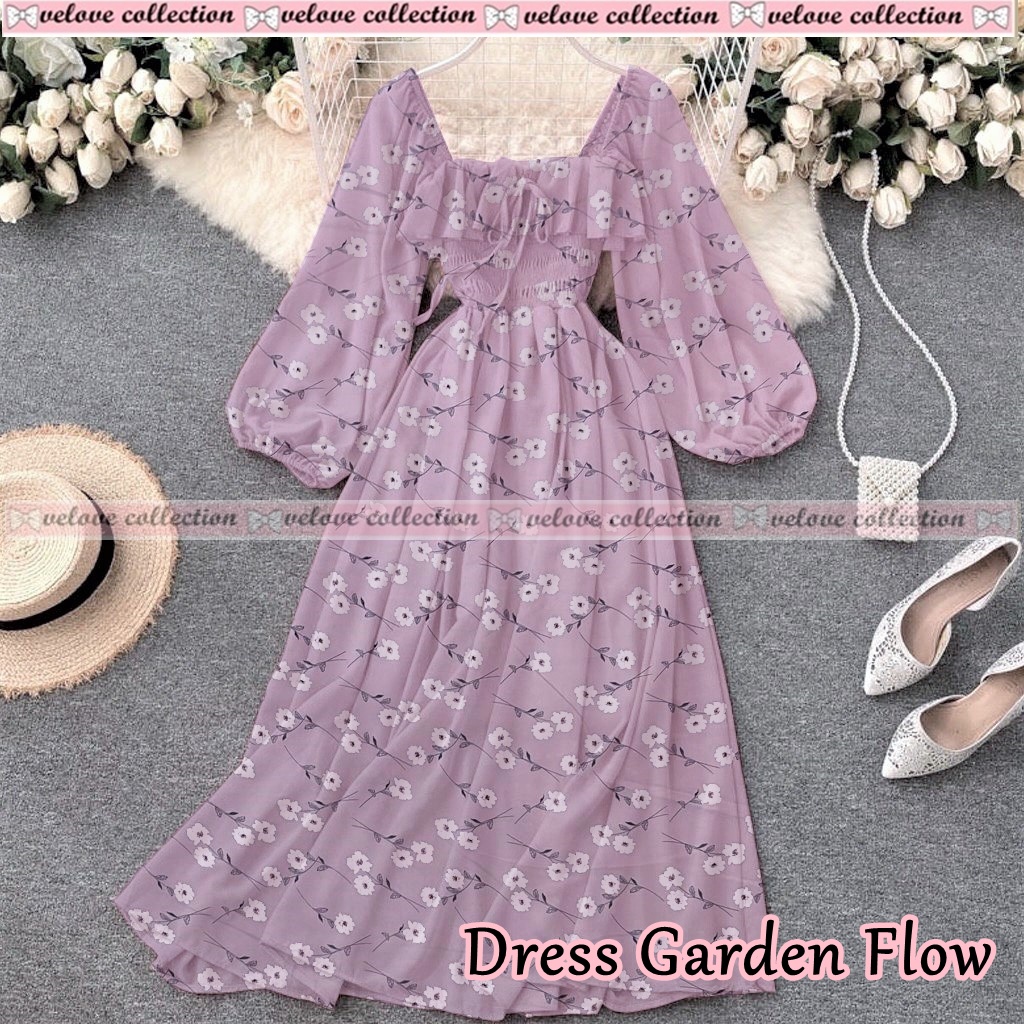 JONKA FASHION - Dress Sora Flower Fashion Wanita Gaya Vintage Dress Casual Terbaru-6230 Lilac Flow