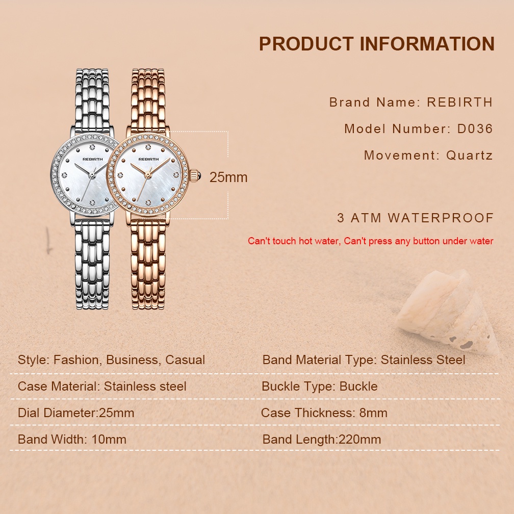 REBRTH Jam Tangan Wanita Mode Anggun Ibu Mutiara Dial Tali Stainless Steel Tahan Air Display Kuarsa Jam Tangan Cewek