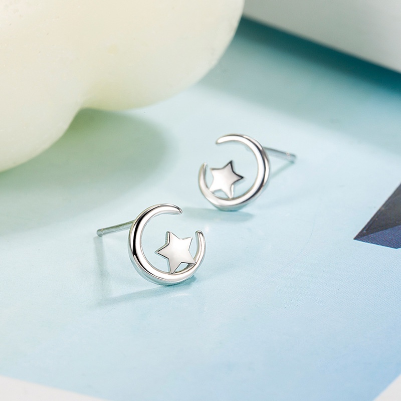 Anting Stud 925 Sterling Silver Needle Bentuk Bulan Bintang Gaya Korea Untuk Wanita