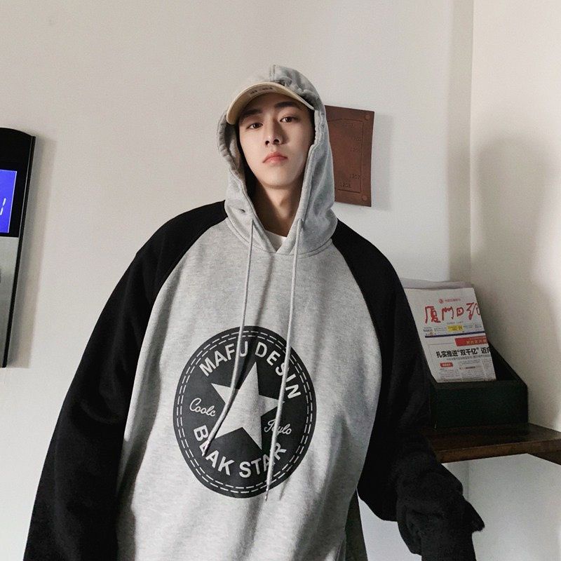 (S - 6XL) Hoodie RAGLAN MIX kombinasi 2 Warna BIGSIZE Jaket Jumper CONVERSE Streetwear Korean Harajuku Unisex OVERSIZE Two Tone Jaketin aja Hitam Grey Gray