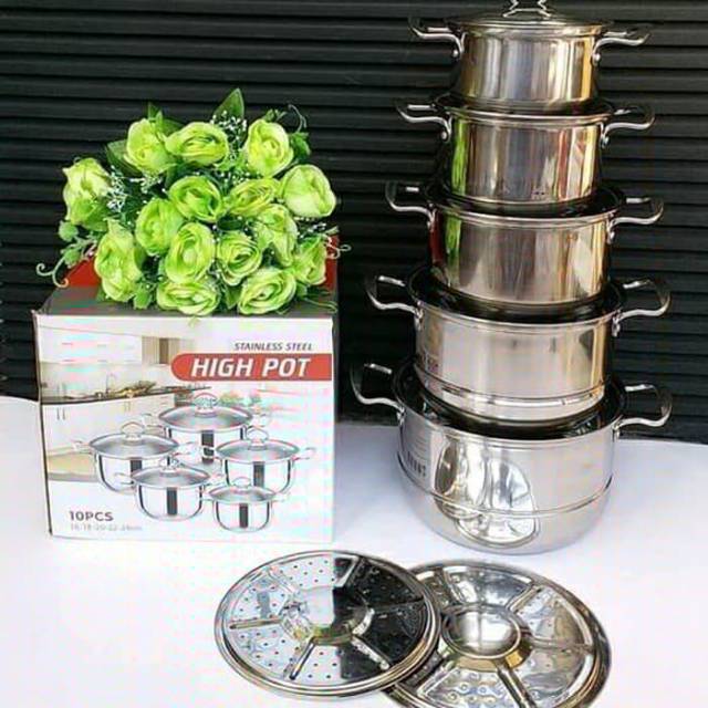 panci highpot calypso / panci set steamer + tutup kaca / 5 set panci stainless tutup kaca