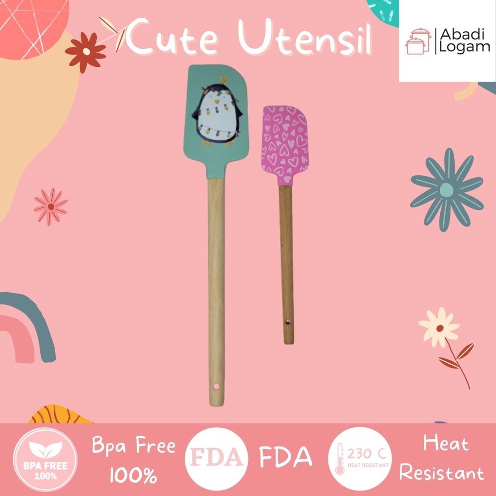 Spatula Silikon Tahan Panas Bergambar Cute Utensil abadi logam