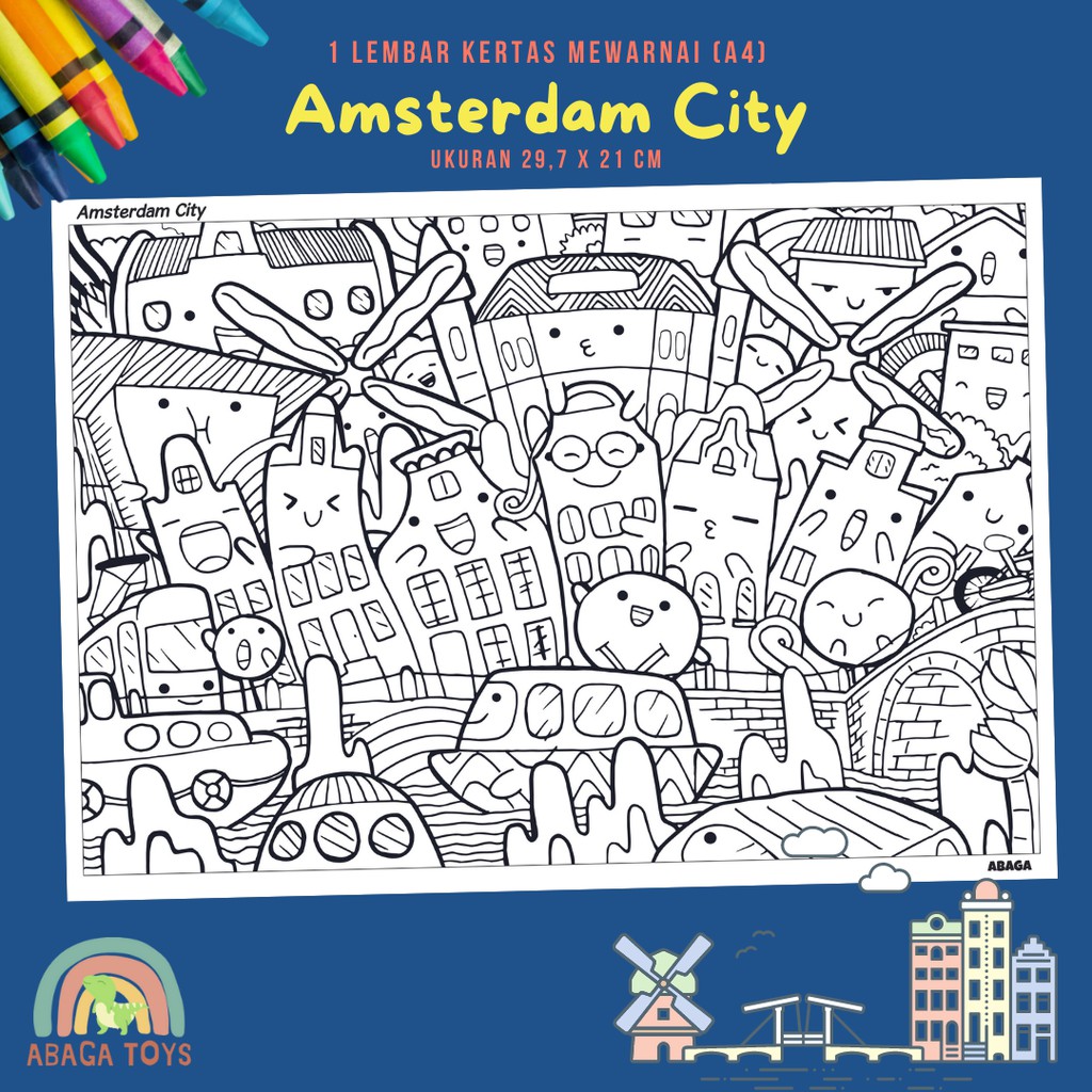 (Min Order 10Pcs) Kertas Gambar Mewarnai A4 - Latih Imajinasi, Kreativitas, Eksplorasi Warna (Coloring Page)-Amsterdam City