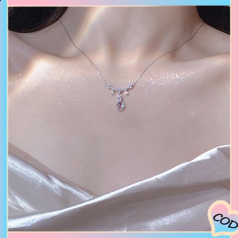 COD❤️ Kalung Fashion Wanita All-match Niche Design Light Luxury Moonstone Water Drop Necklace-A.one