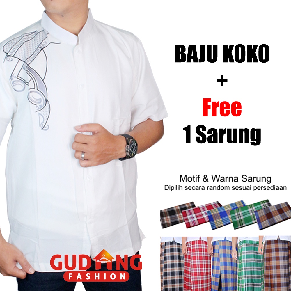 Kemeja Koko Putih Pria Lengan Pendek + Free Sarung