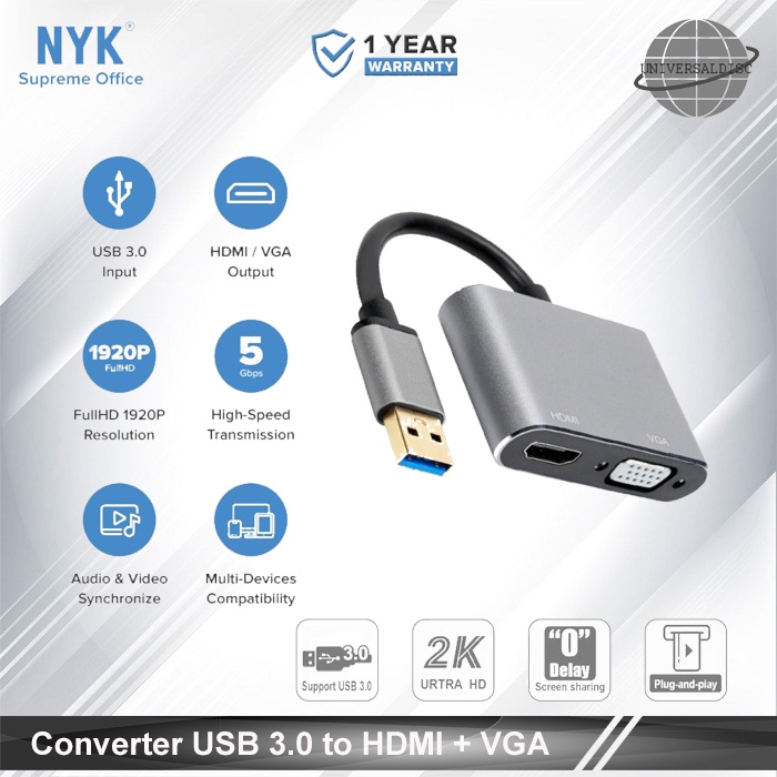 Kabel Converter USB 3.0 To VGA HDMI 1080p 2in1 proyektor tv 2 in 1