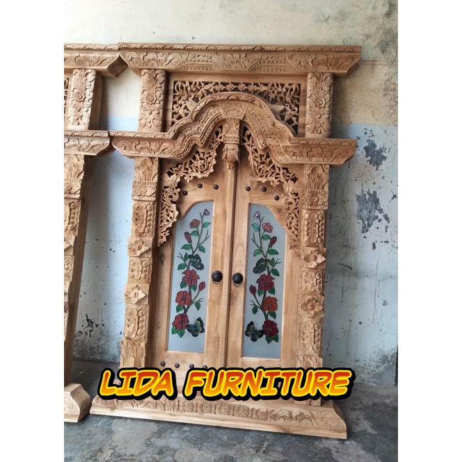 pintu jendela rumah gebyok jati ukir jepara kaca motif bunga