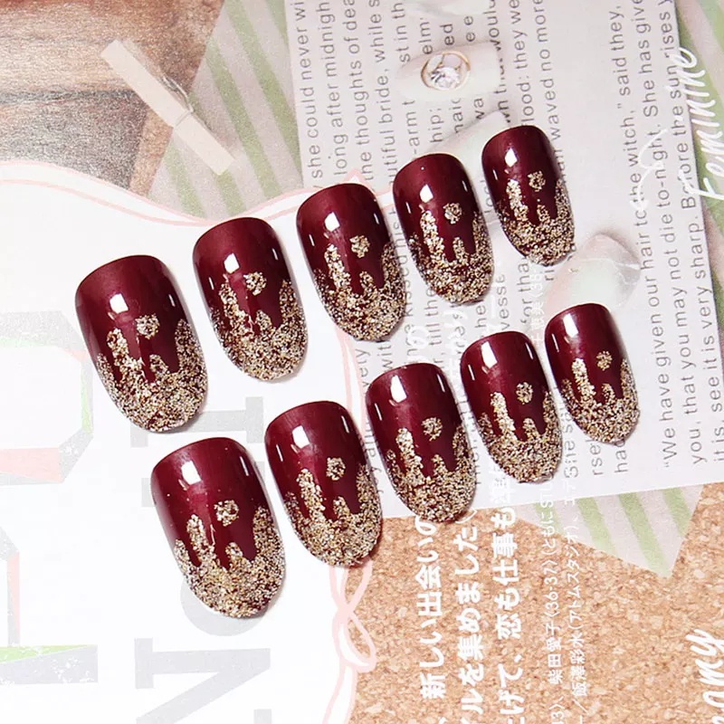 KUKU PALSU NAILART FAKE NAIL red merah gold emas glitter maroon marun