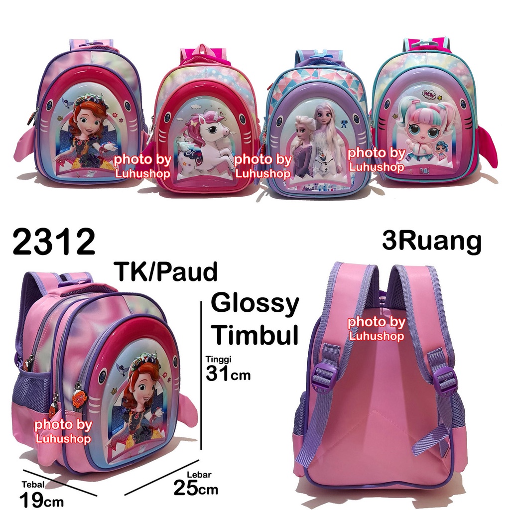 Tas pinquin Glossy Paud TK Ransel Anak Sekolah Cewe Perempuan  Unicorn Timbul