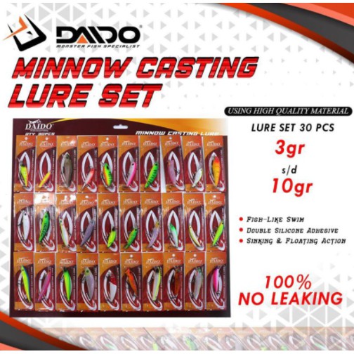 Minnow casting lure set isi 30 pcs per papan grosir
