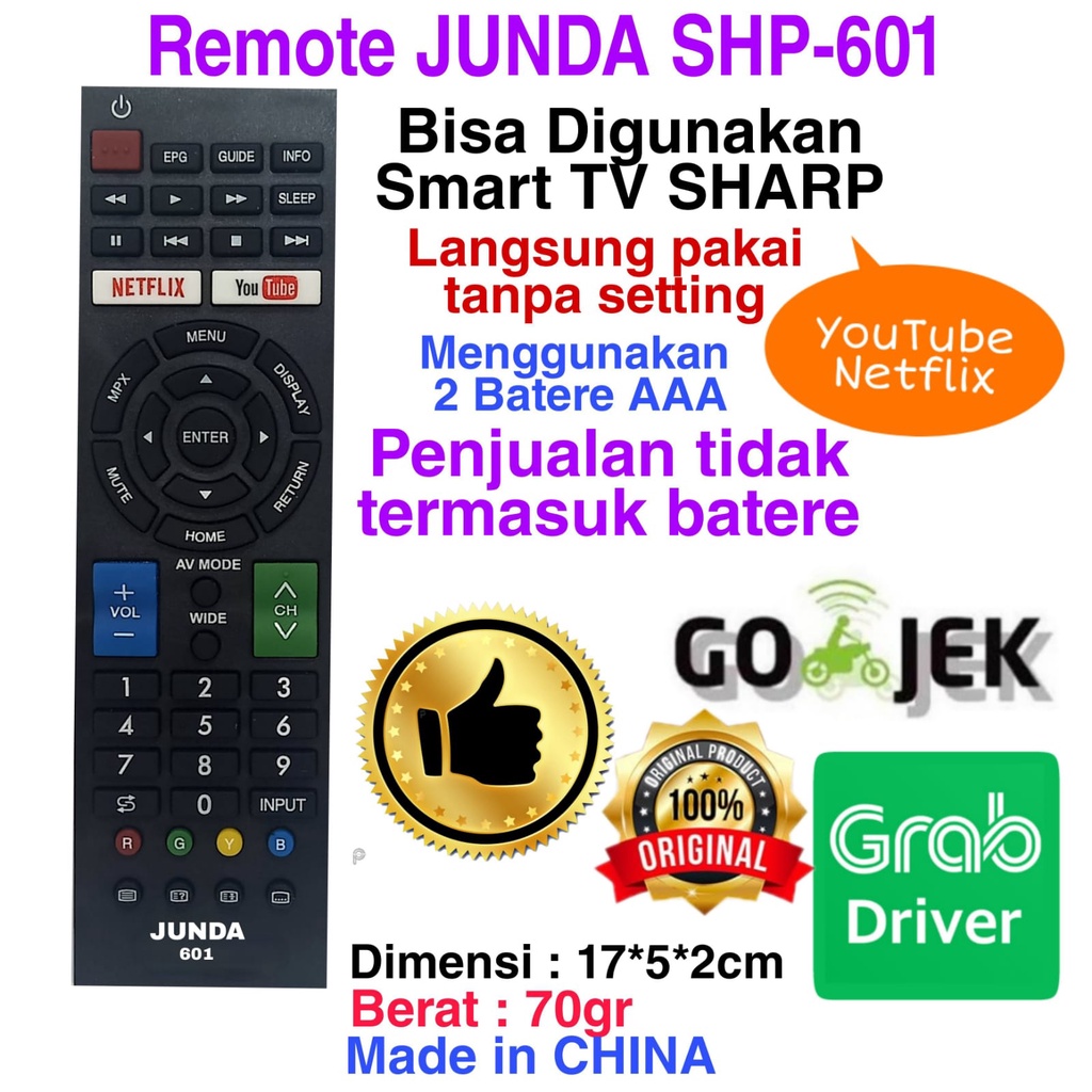 REMOTE REMOT JUNDA 601 COCOK DI TV LED SHARP AQUOS SMART TV ANDROID SEPERTI ORIGINAL