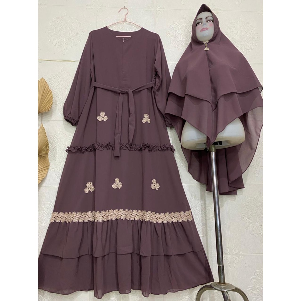 Gamis Syari Ceruty Renda / Gamis Terbaru Mix Renda Bunga Cantik / Gamis Ceruty Babydoll