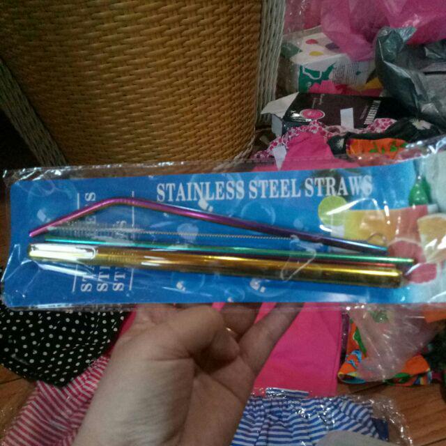 Sedotan Stainless Steel / Sedotan Lurus & Melengkung + Sikat Sedotan - Rose Gold